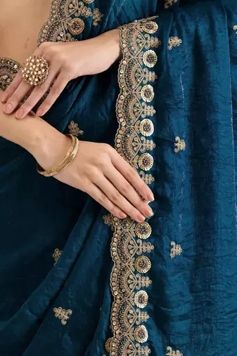 Fabulous Dove Blue Embroidered Tissue Silk Reception Wear Saree With Blouse