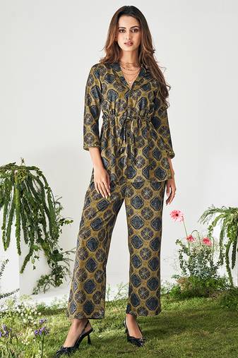 Brown ethnic motifs modal satin co-ord set