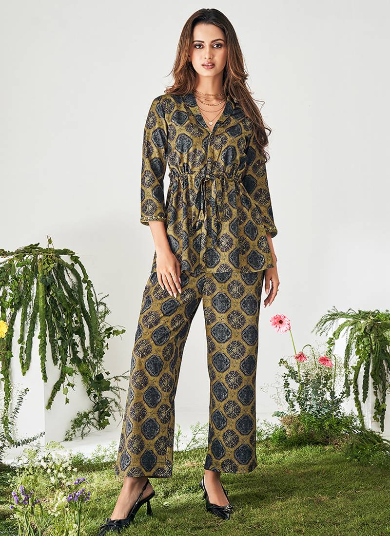 Brown ethnic motifs modal satin co-ord set