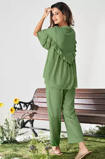 Olive green solid viscose rayon slub co-ord set