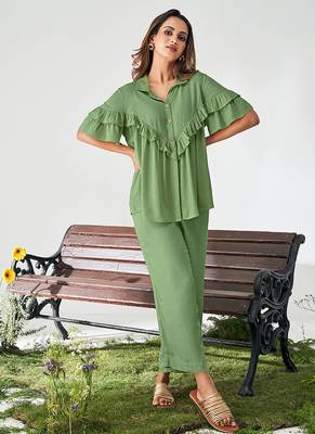 Olive green solid viscose rayon slub co-ord set 3