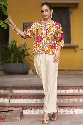 Multicolour  floral print chanderi co-ord set