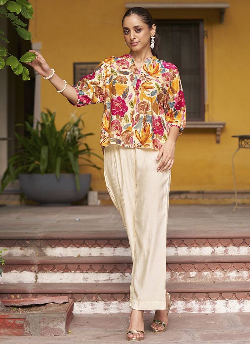 Multicolour  floral print chanderi co-ord set