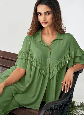 Olive green solid viscose rayon slub co-ord set 4