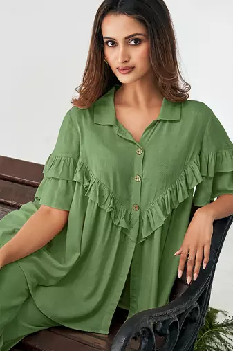 Olive green solid viscose rayon slub co-ord set