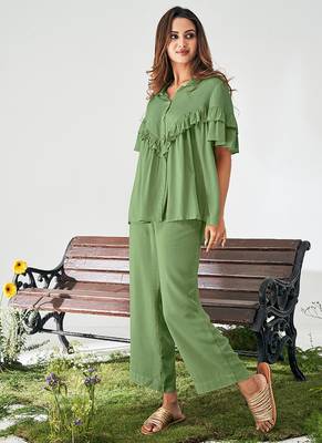 Olive green solid viscose rayon slub co-ord set 5