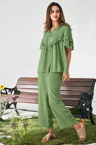 Olive green solid viscose rayon slub co-ord set