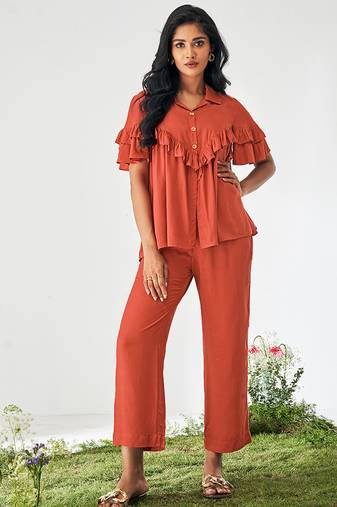 Orange solid viscose rayon slub co-ord set
