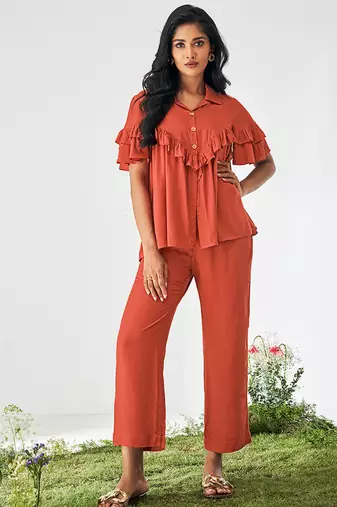 Orange solid viscose rayon slub co-ord set