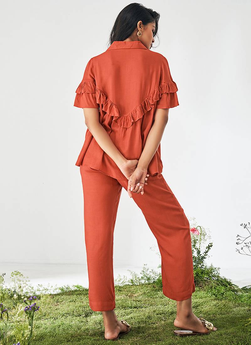 Orange solid viscose rayon slub co-ord set