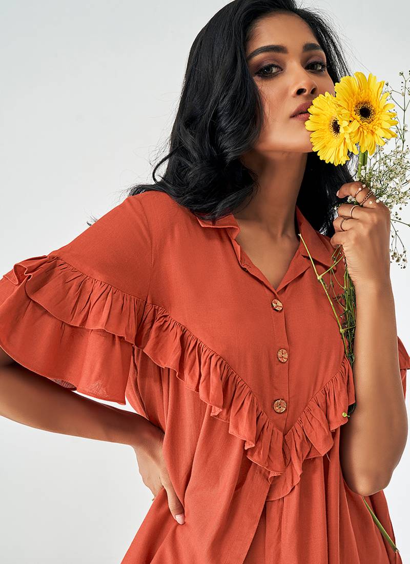 Orange solid viscose rayon slub co-ord set