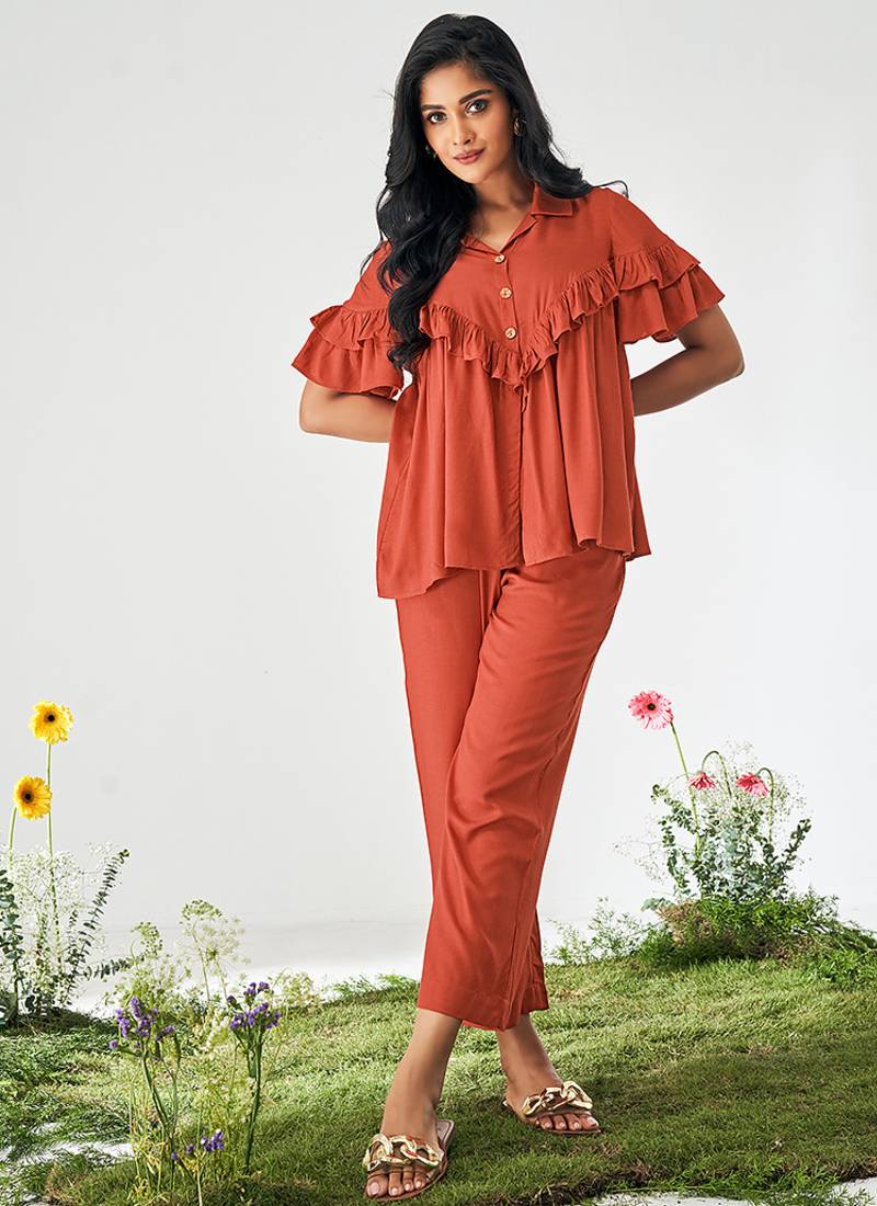 Orange solid viscose rayon slub co-ord set
