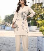 Cream printred cotton blend co-ord set