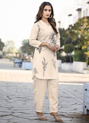 Cream printred cotton blend co-ord set 3