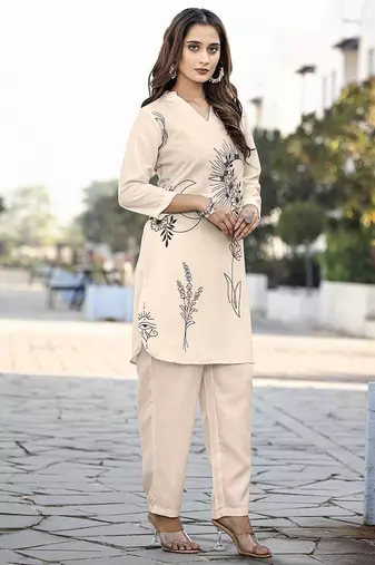 Cream printred cotton blend co-ord set
