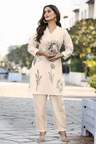 Cream printred cotton blend co-ord set