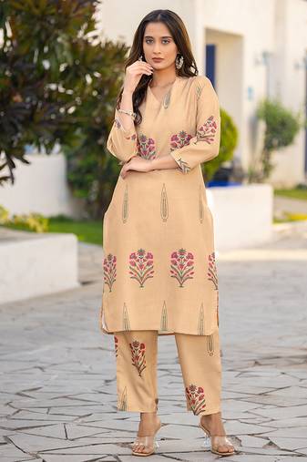 Brown printred cotton blend co-ord set