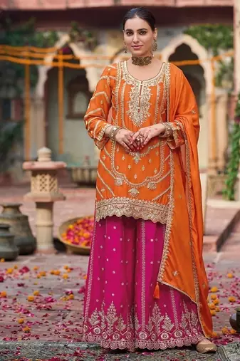 Orange and magenta chinon silk with embroidered and sequin work palazzo suit