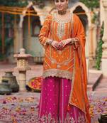 Orange and magenta chinon silk with embroidered and sequin work palazzo suit