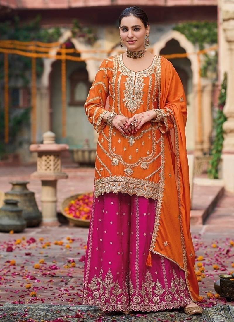 Orange and magenta chinon silk with embroidered and sequin work palazzo suit