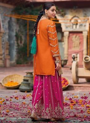 Orange and magenta chinon silk with embroidered and sequin work palazzo suit 2