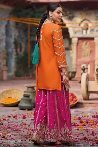 Orange and magenta chinon silk with embroidered and sequin work palazzo suit