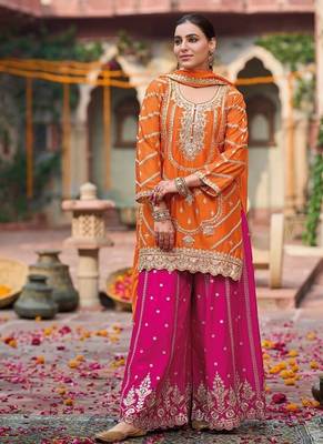 Orange and magenta chinon silk with embroidered and sequin work palazzo suit 3