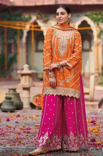 Orange and magenta chinon silk with embroidered and sequin work palazzo suit