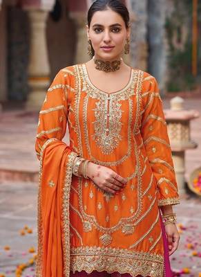 Orange and magenta chinon silk with embroidered and sequin work palazzo suit 4