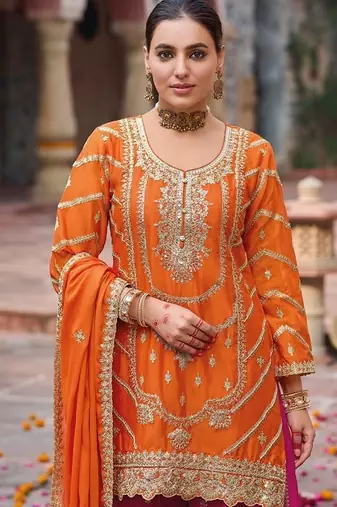 Orange and magenta chinon silk with embroidered and sequin work palazzo suit