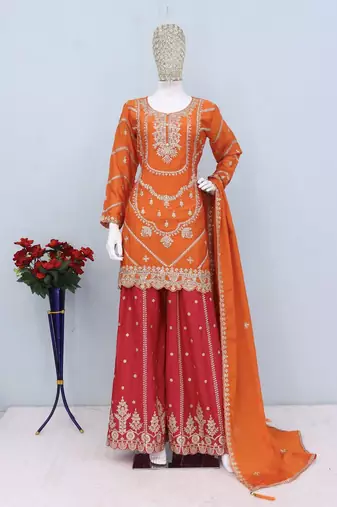 Orange and magenta chinon silk with embroidered and sequin work palazzo suit