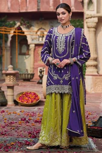 Purple chinon silk with embroidered and sequin work palazzo suit