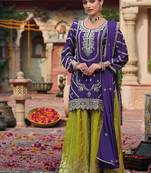 Purple chinon silk with embroidered and sequin work palazzo suit
