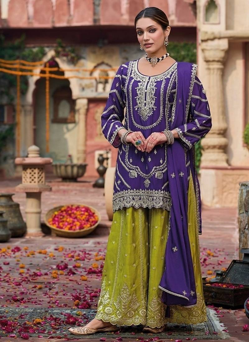 Purple chinon silk with embroidered and sequin work palazzo suit