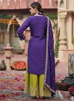 Purple chinon silk with embroidered and sequin work palazzo suit 2