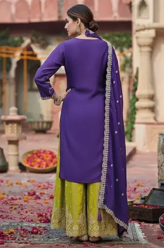 Purple chinon silk with embroidered and sequin work palazzo suit