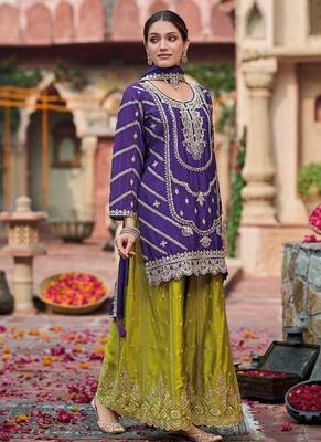Purple chinon silk with embroidered and sequin work palazzo suit 3