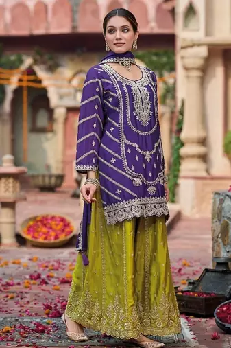 Purple chinon silk with embroidered and sequin work palazzo suit