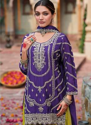 Purple chinon silk with embroidered and sequin work palazzo suit 4