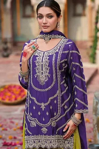 Purple chinon silk with embroidered and sequin work palazzo suit