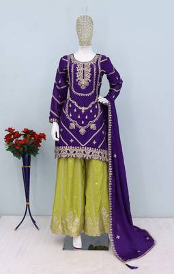 Purple chinon silk with embroidered and sequin work palazzo suit 5