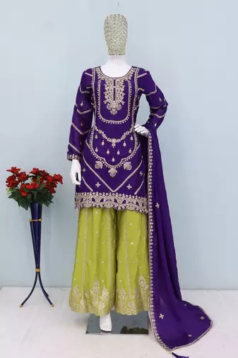 Purple chinon silk with embroidered and sequin work palazzo suit