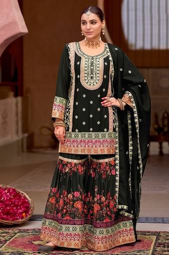 Black chinon silk with codding embroidery work with digital print sharara suit