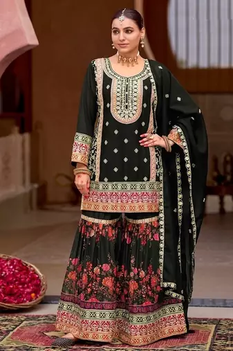 Black chinon silk with codding embroidery work with digital print sharara suit