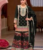 Black chinon silk with codding embroidery work with digital print sharara suit