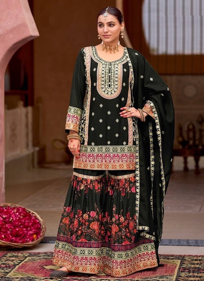 Black chinon silk with codding embroidery work with digital print sharara suit