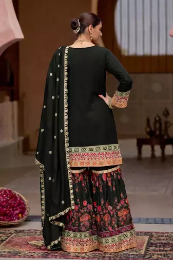 Black chinon silk with codding embroidery work with digital print sharara suit