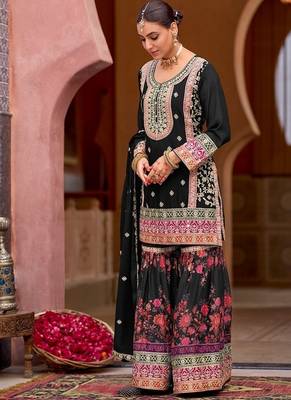 Black chinon silk with codding embroidery work with digital print sharara suit 3