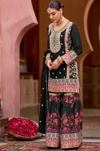 Black chinon silk with codding embroidery work with digital print sharara suit