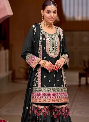 Black chinon silk with codding embroidery work with digital print sharara suit 4